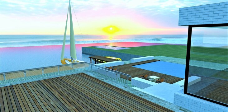An unexpected storm breaks into a safe harbor at dawn. The waves are moving towards the pier with a sailing yacht. View from the wooden terrace of a high-tech house. 3d render.