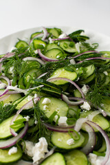 Light summer salad of cucumbers, onions and feta cheese in an oval white dish, close-up