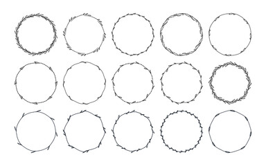 Set of 15 hand drawn spring wreaths isolated on white background, vector. Floral frames of leaves. Doodle style.Collection of floral monogram frames.