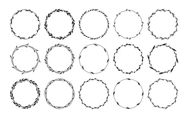 Set of 15 hand drawn spring wreaths isolated on white background, vector. Floral frames of leaves. Doodle style.Collection of floral monogram frames.