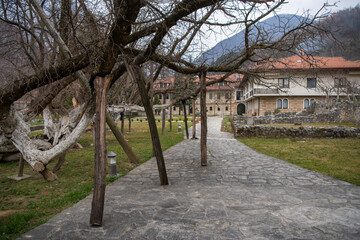 Courtyard or garden of Medieval Monastery and Church Pecka Patrijarsija, main Serbian orthodox monastery and patriarchate. UNESCO world heritage site in Pec, Kosovo, Serbia 05.03.2022