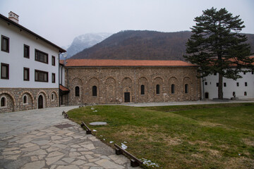 Fototapeta na wymiar Medieval Monastery and orthodox Church Visoki Decani, one of the most important Serbian monastery. UNESCO world heritage site in Decani, Kosovo, Serbia 05.03.2022