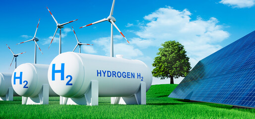 Wind turbines, solar panels and hydrogen gas tanks - 3D illustration of renewable power concept - obrazy, fototapety, plakaty