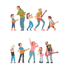 Fototapeta premium Set of happy families playing music and singing together cartoon vector illustration
