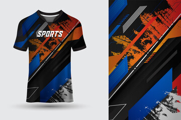 Blue and orange abstract jersey suitable for racing, soccer, gaming and cycling