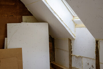 House insulation layers, styrofoam, polyurethane foam, wood, drywall - obrazy, fototapety, plakaty