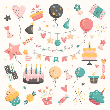 Set of vector birthday party elements on white background. Vector illustration in hand drawn flat style.