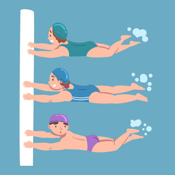 Kids learning to swim in swimming pool. Children in swimwear, caps and  goggles holding on to board in water vector illustration Stock Vector |  Adobe Stock