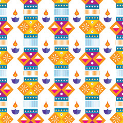 Traditional Indian festival Diwali seamless pattern Happy Festival of lights Deepavali Template for textile, paper, cover Festive Burning diya graphic background Vector abstract flat illustration