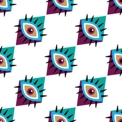 Awesome seamless pattern with esoteric eye different shapes, Magic, witchcraft, occult symbol, colorful line art. fabric, paper, textile. Vector Modern mythic graphic background illustration.
