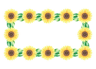 Sunflowers rectangular wreath. Watercolor vintage illustration. Isolated on a white background.