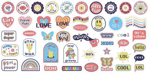 A set of y2k stickers with text motivational, positive phrases. Big collection of stickers from 2000s in geometric shapes with weird surreal elements. Retro pale colors. Vector illustration on white