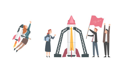Business team preparing rocket for launch. Business startup and teamwork cartoon vector illustration