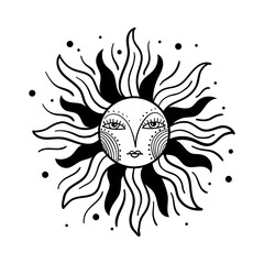 Vintage sun with face, medieval engraving, freehand drawing. Mystical tarot symbol for astrology. Old style, boho vector illustration isolated on white background. - obrazy, fototapety, plakaty