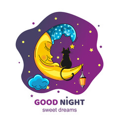 Sleeping moon. Cartoon moon in a night cap. Black cat sits on a sleeping moon and looks into the starry sky. Good night sweet dreams. Vector illustration
