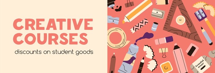 Ad banner template for creative course, workshop promotion. Promo advertisement background design with drawing stationery, supplies for art school, class, atelier, store. Flat vector illustration