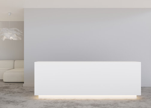White reception counter in modern room with light gray walls. Blank registration desk in hotel, spa or office. Reception mock up with copy space for branding, logo. Contemporary style. 3D rendering.