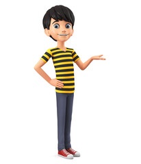 Guy cartoon character in a striped t-shirt isolated on a white background points to an empty space with his hand. 3d rendering illustration.
