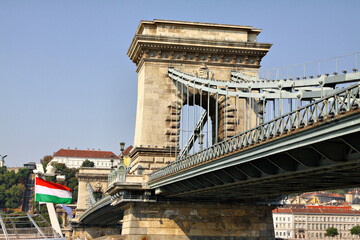 The Chain Bridge (Szechenyi Lanchid) Budapest Hungary with Hungarian flag in the shot