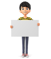 Guy cartoon character in a striped t-shirt isolated on a white background is holding a blank board. 3d rendering illustration.