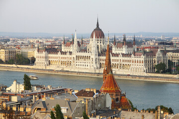 Naklejka premium Budapest Parliament Building distant view including river Danube
