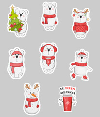 Cute polar bears sticker pack. Christmas holiday. Vector illustration.