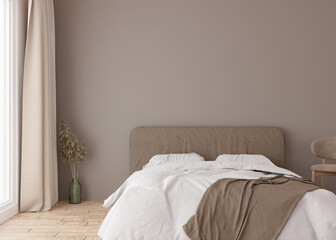 Empty brown wall in modern bedroom. Mock up interior in scandinavian, boho style. Free, copy space for your picture, text, or another design. Bed, pampas grass. 3D rendering.