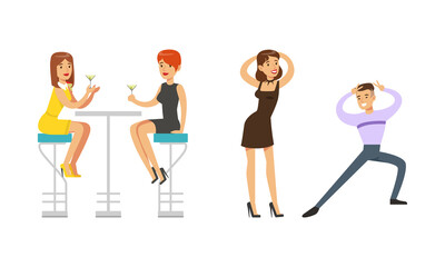 Happy young people dancing and drinking alcoholic drinks at club set vector illustration