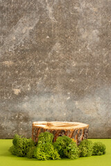  Wooden podium or display stands with green moss on a gray background. Still life for products presentation. 
