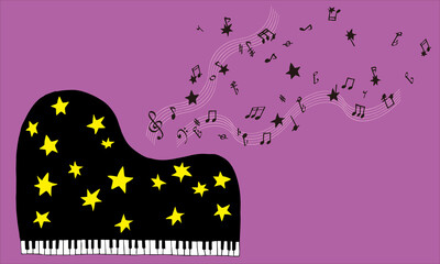星のグランドピアノと流れる音符
Colorful hand drawn grand piano and some notes with stars