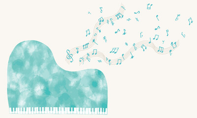 水彩風の水色のグランドピアノ
Colorful hand drawn grand piano with light blue water color texture and some notes