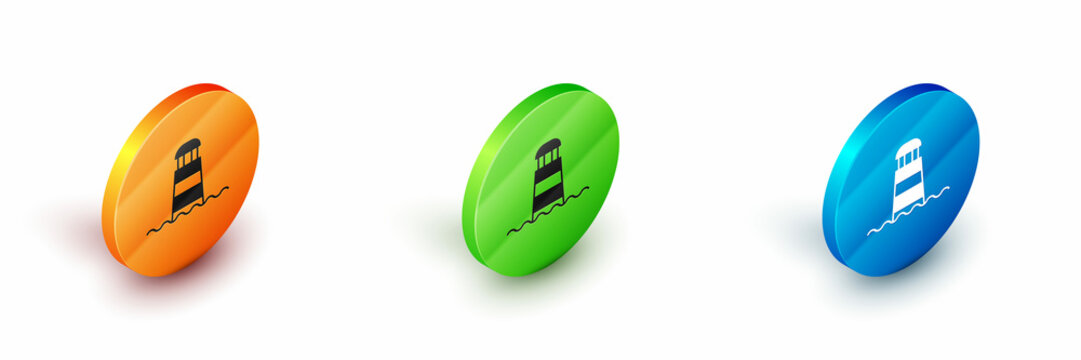 Isometric Lighthouse icon isolated on white background. Circle button. Vector
