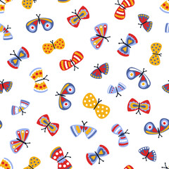 Vector seamless pattern with butterfy. Cute hand drawn summer background. Illustration on flat style. Colorful insects on a white background. Childish pattern with bugs. - 518057114