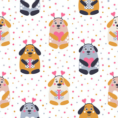 Vector seamless pattern with dogs. Cute hand drawn puppies with gifts. Funny background with smiling dogs and dots. Illustration for Valentines day. Love cartoon pattern. - 518057115