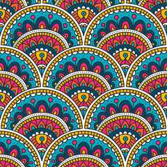 Vector doodle pattern with tribal ornament. Hand drawn ethnic background. Medetation and relaxation seamless pattern. - 518057117