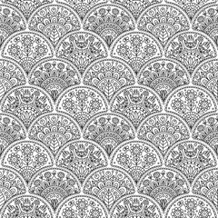 Vector seamless pattern with decorative ornament. Hand drawn doole coloring page for coloring book. Floral background in black and white colors. Anti stress coloring illustration for relaxation. - 518057119