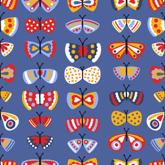 Vector seamless pattern with butterfy. Cute hand drawn summer background. Illustration on flat style. Colorful insects on a background. - 518057120