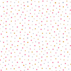 Vector seamless pattern with color dots. Cute background for baby. Pink, yellow, gray, beige elements on white background. - 518057121