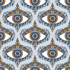 Vector seamless pattern with abstract composition. Tribal eye with ornament. Hand drawn background for relaxation and meditation. - 518057123