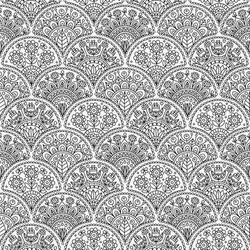 Vector seamless pattern with decorative ornament. Hand drawn doole coloring page for coloring book. Floral background in black and white colors. Anti stress coloring illustration for relaxation.