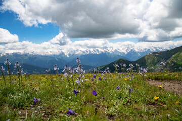 Beautiful mountains landscape. Panoramic view on the green hills and mountains under clouds .