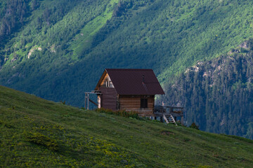 Fototapeta na wymiar Old small house in the mountains and green hills with forest.