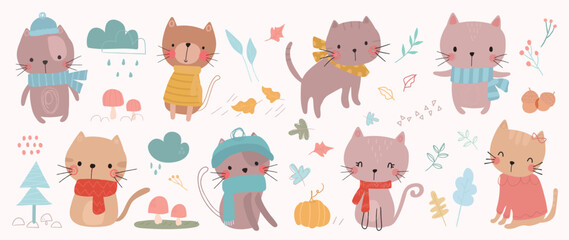 Set of cute animal vector. Autumn season with cat, friendly pets, clothing in fall season, maple leaf in doodle pattern. Adorable funny animal and characters hand drawn collection on white background.
