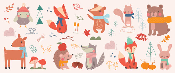 Set of cute animal vector. Autumn season with rabbit, bear, hedgehog, fox, deer, squirrel, owl in doodle pattern. Adorable funny animal and fall characters hand drawn collection on white background.