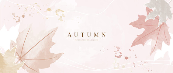 Autumn foliage in watercolor vector background. Abstract wallpaper design with maple leaves, line art, earth tone color. Elegant fall season illustration suitable for fabric, prints, cover. 