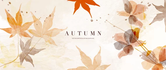 Poster Autumn foliage in watercolor vector background. Abstract wallpaper design with maple leaves, line art, flowers. Elegant botanical in fall season illustration suitable for fabric, prints, cover. © TWINS DESIGN STUDIO
