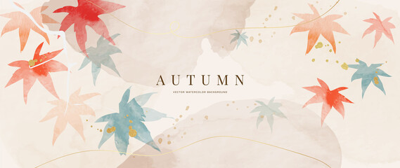 Autumn foliage in watercolor vector background. Abstract wallpaper design with maple leaves, line art, gold lines. Elegant botanical in fall season illustration suitable for fabric, prints, cover.
