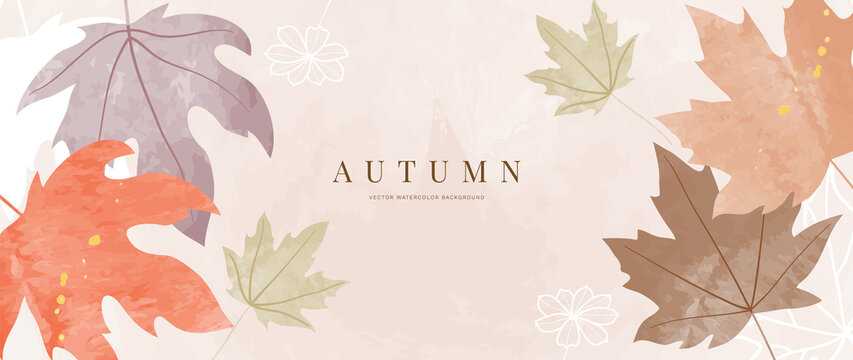 Autumn foliage in watercolor vector background. Abstract wallpaper design with maple leaves, line art, colorful, flowers. Elegant fall season illustration suitable for fabric, prints, cover. 