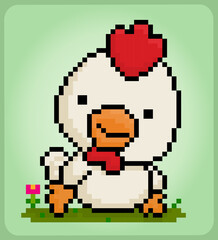 Chicken pixel art. Cute Animal for game assets in vector illustration.