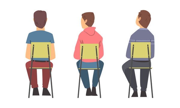 View From Behind Of Young Men Sitting In Chairs In Row, Students Listening Lecture, Conference Participants Cartoon Vector Illustration